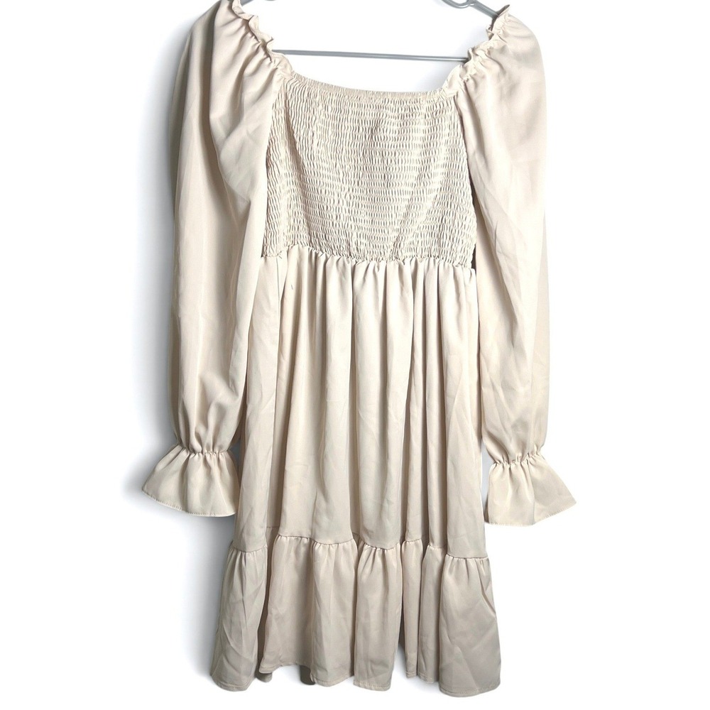 Cottagecore Prairie Dress Womens XS Cream Smocked Long Sleeve Boho‎ Festival